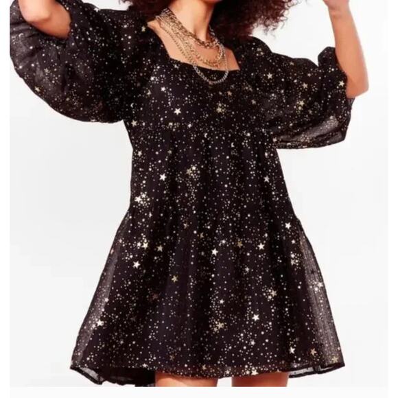 Nasty Gal Metallic Star Print Puff Sleeve Baby Doll Tiered Mini Dress 8 - Picture 1 of 7